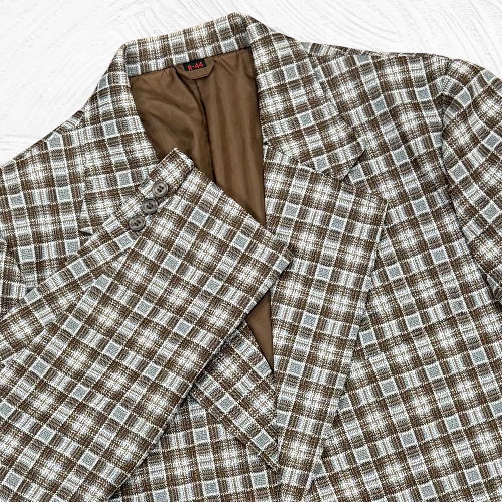 Vintage Kmart Plaid Blazer Sport Coat 44R Made in Japan 2 BTN Poly Retro Disco